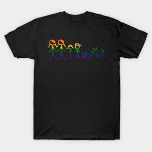 Lesbian family in rainbow colors, with children, cat and dog T-Shirt